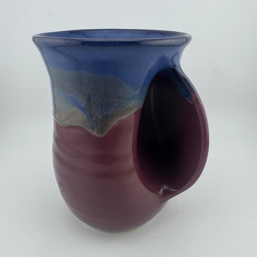 Artisan Signed 2018 Ceramic Hand Warmer Mug Blue Burgundy Studio Pottery Pocket‎